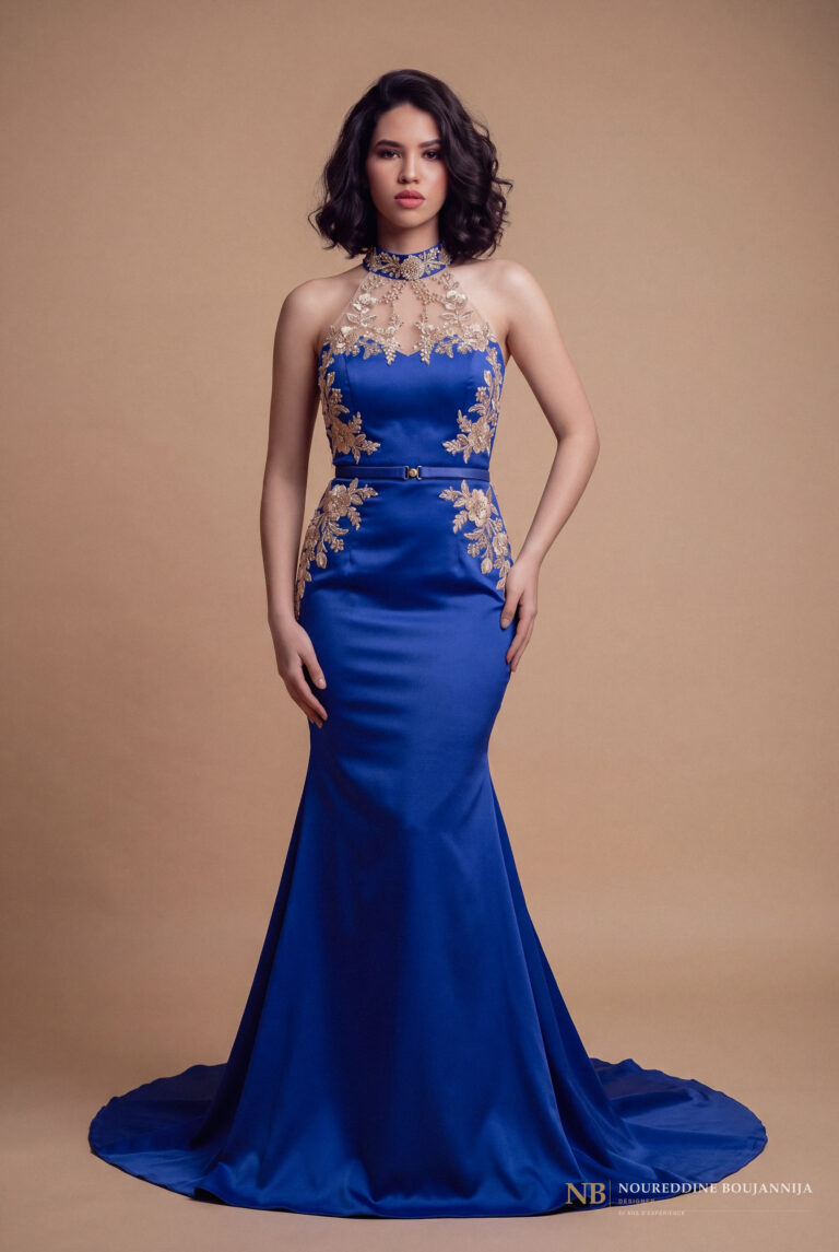 Caftan sirène bleu royal Col Joaillier – vue principale