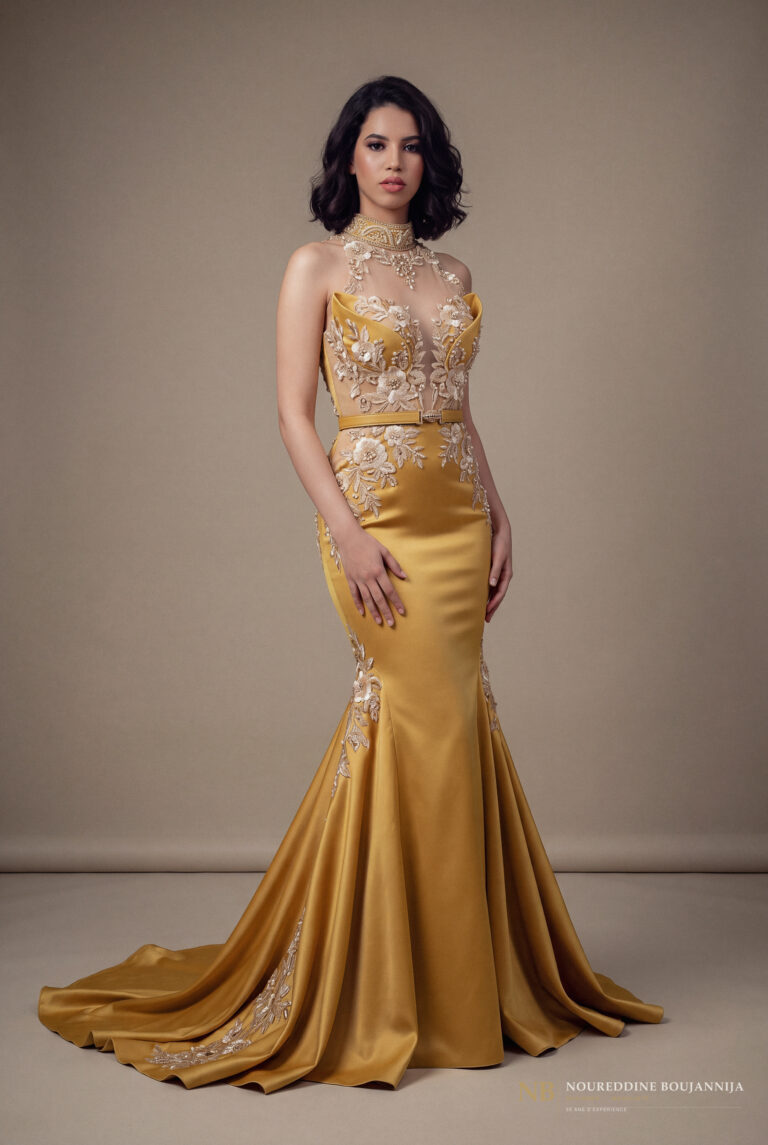 Caftan sirène ocre doré Corset Soleil – vue principale