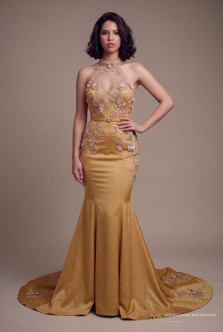 Caftan sirène ocre doré Dentelle Solaire – vue principale