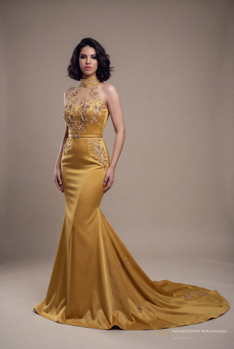Caftan sirène ocre doré Floraison – vue principale