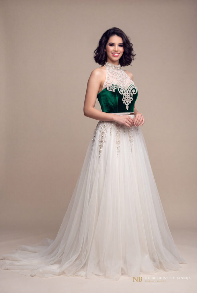 Robe caftan vert émeraude Arabesque Blanche – vue principale