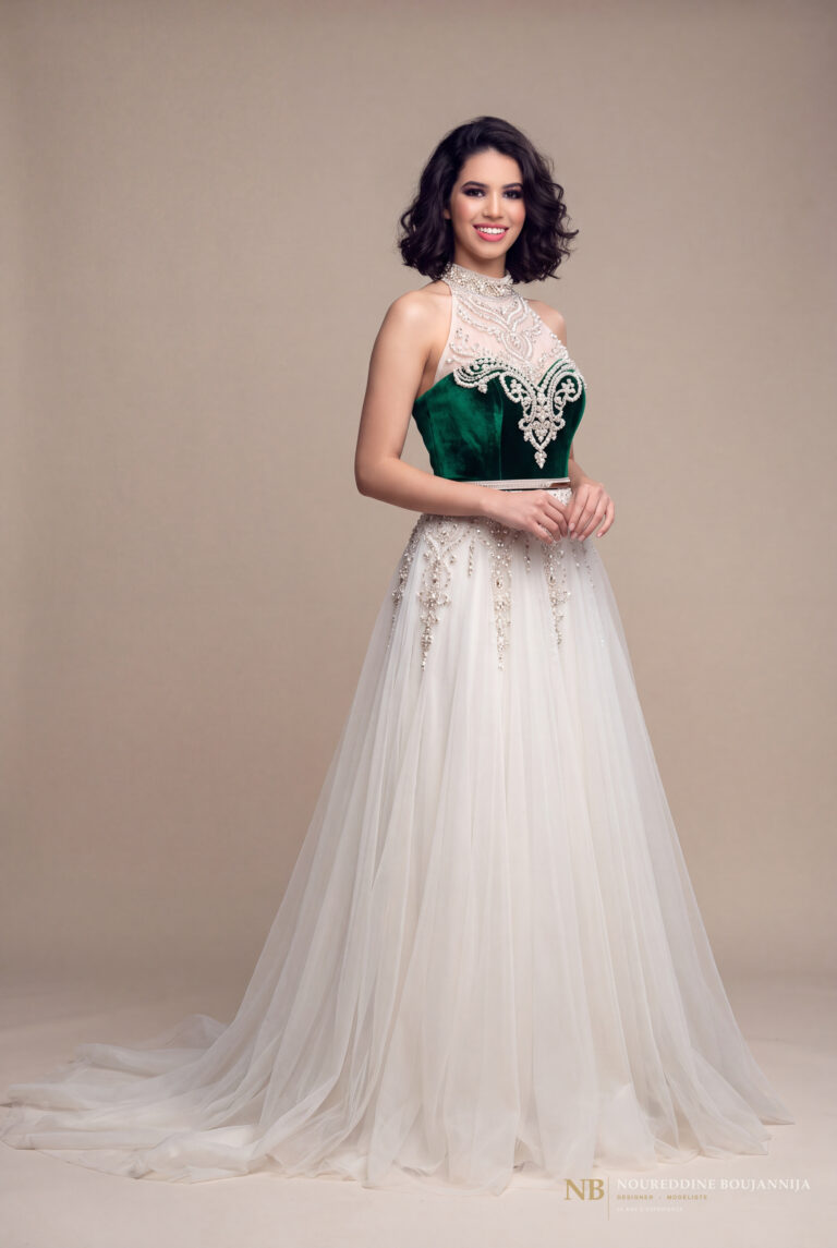 Robe caftan vert émeraude Arabesque Blanche – vue principale