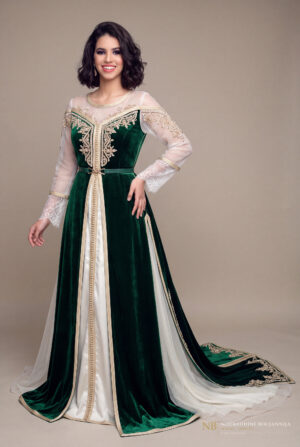 Caftan bustier velours vert émeraude et panneaux blanc cassé — Ivoire Impérial