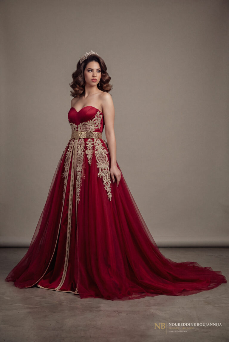Caftan bustier rouge rubis Arabesque Latérale
