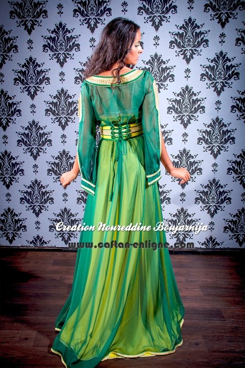 Caftan marocain moderne vert et jaune, collection 2014 — vue 3