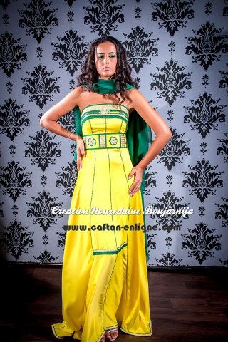 Caftan marocain moderne vert et jaune, collection 2014 — vue 6