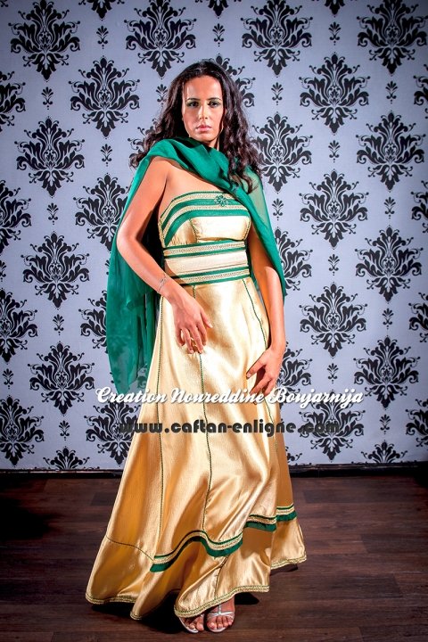 Caftan marocain moderne vert et doré, collection 2014 — vue 1