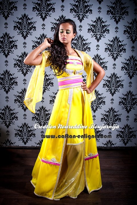 Caftan marocain moderne jaune et rose, collection 2014 — vue 1