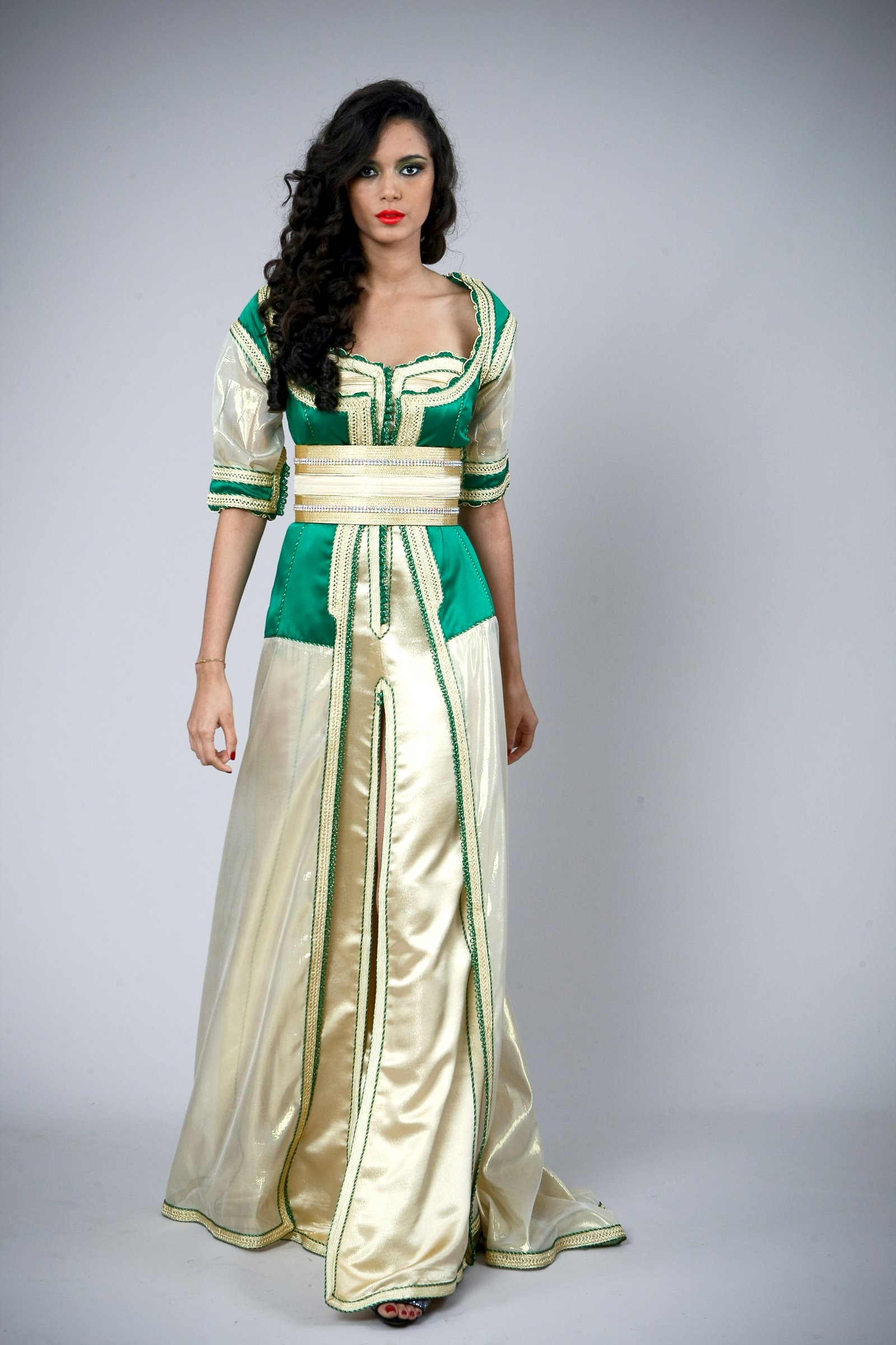 Caftan marocain vert et ivoire, collection de caftans 2015 — vue 4 sur 4