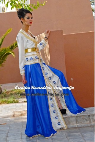 Caftan marocain blanc et bleu royal, collection de caftans 2016 — vue 2 sur 4