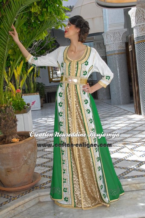 Caftan marocain vert et ivoire, collection de caftans 2016 — vue 1 sur 6