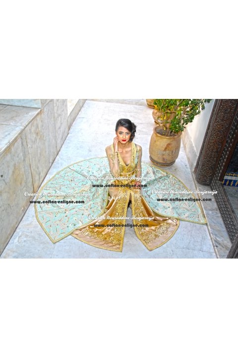 Caftan marocain bleu ciel et doré, collection de caftans 2016 — vue 3 sur 4