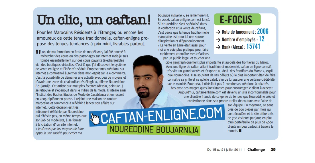 Double page de presse Un clic, un caftan consacrée au parcours de CAFTAN EN LIGNE